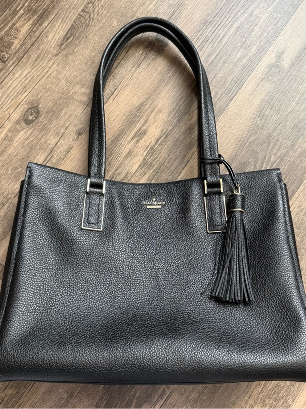 Kate Spade Black Pebbled Leather Tote with Tassel Accent